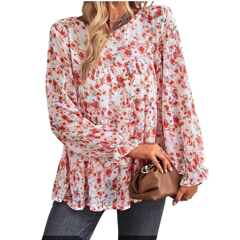 Anna-Kaci Floral Tiered Babydoll Blouse Red Orange Chiffon Long Sleeve Top M NEW